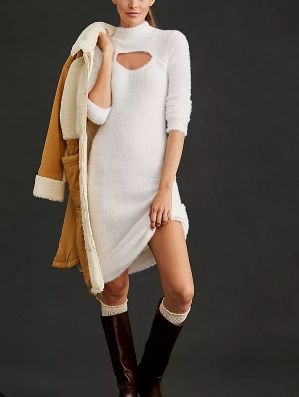 Anthropologie Ivory Fuzzy Knit Cutout Midi Dress XS NWT